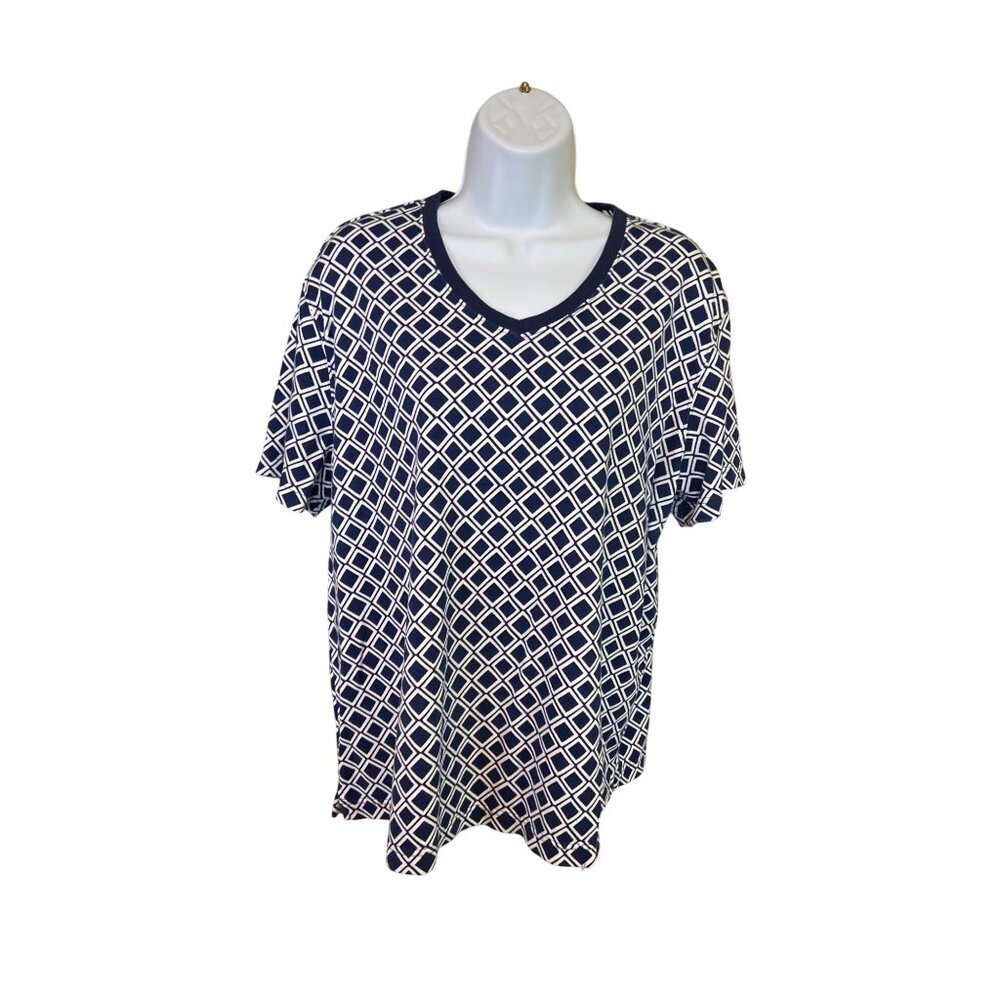 Kim Rogers Womens V-Neck Shirt XL Navy White Geometric Short Sleeve Grannycore